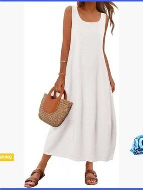 Cotton and Elastane Maxi Sundress Scoop Neck Sleeveless Loose Beach Dress
